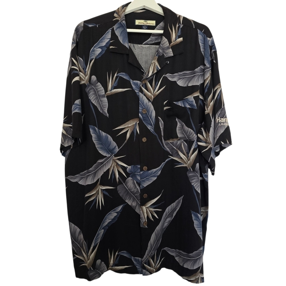 Tommy Bahama Harrahs Laughlin Black Gray Tropical Silk Hawaiian Shirt